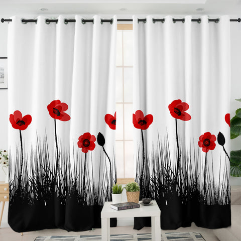 Image of Red & Black Flowers SWKL3332 - 2 Panel Curtains