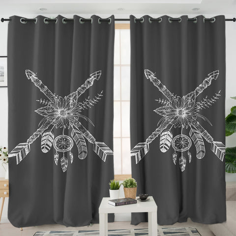 Image of White & Grey Floral Dreamcatcher SWKL3373 - 2 Panel Curtains