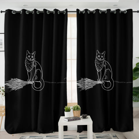 Image of Cat on Flying Broom SWKL3386 - 2 Panel Curtains