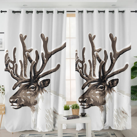 Image of Brown Deer in White SWKL3298 - 2 Panel Curtains