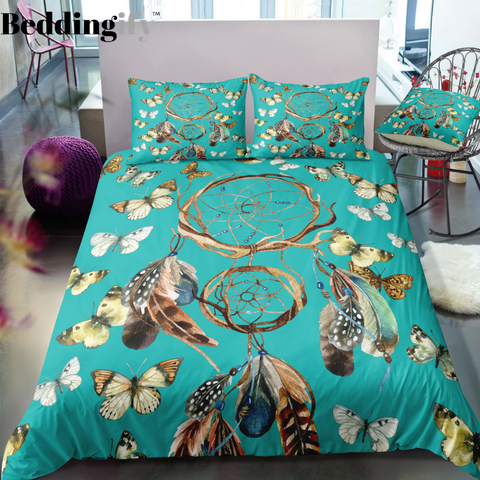 Image of Green Butterflies Dreamcatcher Bedding Set - Beddingify