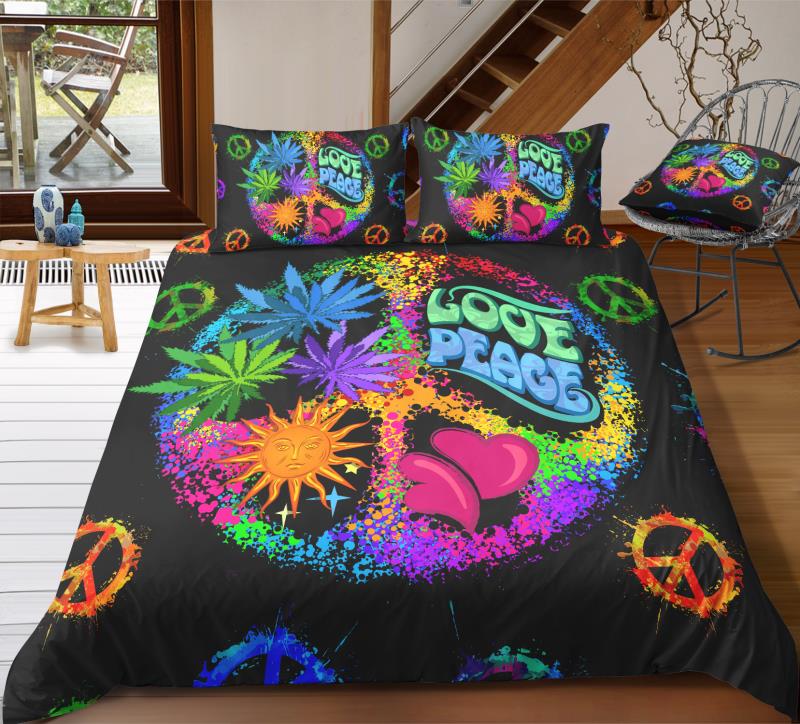 Black Flowers Peace and Love Symbol Bedding Set - Beddingify
