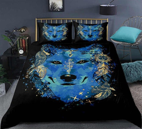 Image of Blue Wolf Boho Feather Bedding Set - Beddingify