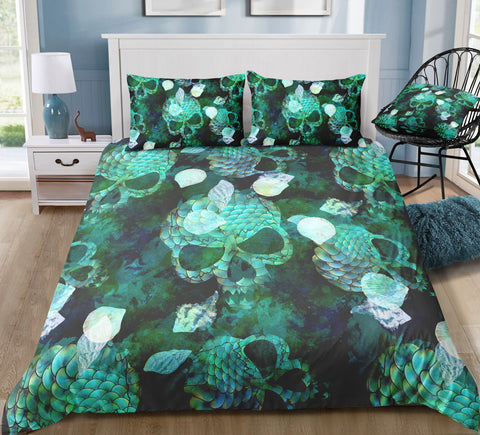 Image of Dark Green Blue Skull Bedding Set