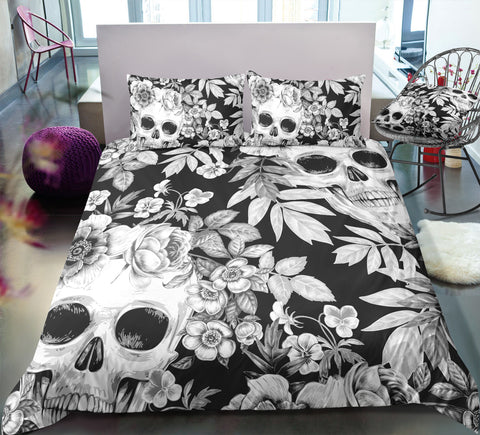 Image of Black & White Floral Skull Bedding Set