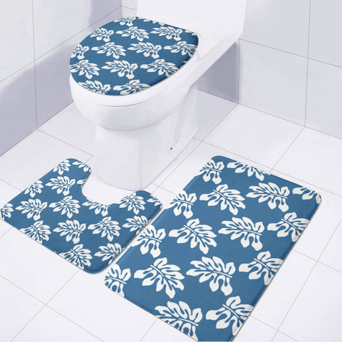 Image of Blue White Tropical Leaf Pattern Toilet Three Pieces Set