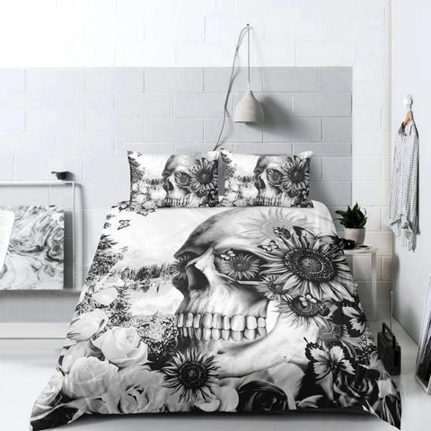 Image of B&W Floral Skull Bedding Set
