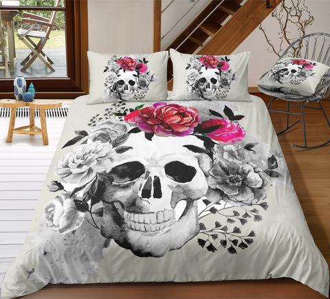 Image of Pink B&W Floral Skull Bedding Set