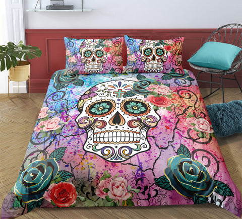 Image of Multicolor Floral Skull Bedding Set