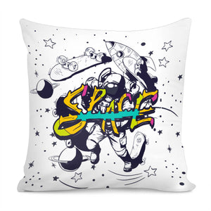Starry Sky And Astronauts And Skateboards And Universe And Fonts Pillow Cover