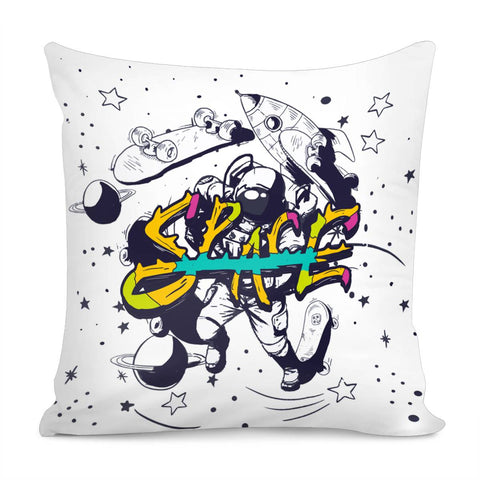 Image of Starry Sky And Astronauts And Skateboards And Universe And Fonts Pillow Cover