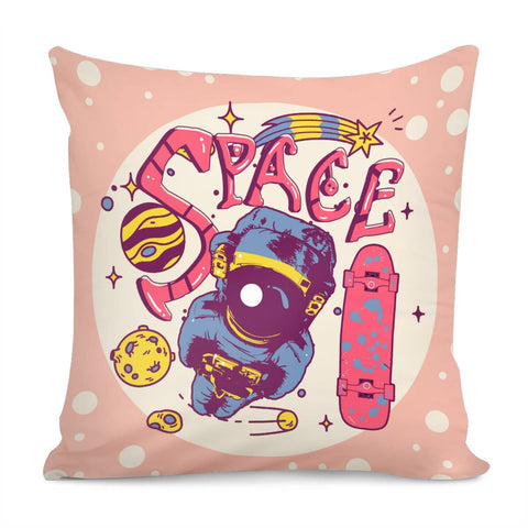 Image of Starry Sky And Astronauts And Skateboards And Universe And Fonts Pillow Cover