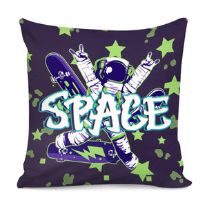 Starry Sky And Astronauts And Skateboards And Universe And Fonts Pillow Cover