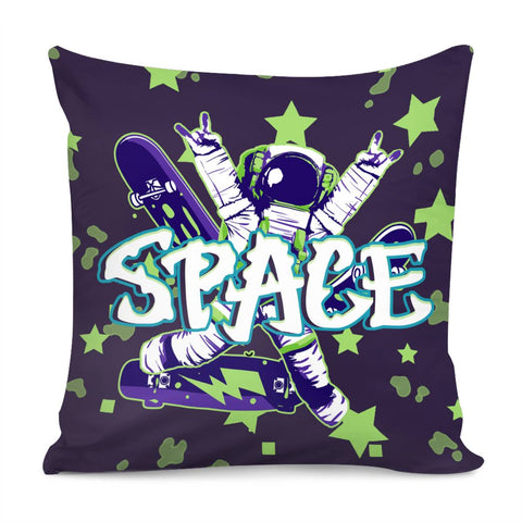 Image of Starry Sky And Astronauts And Skateboards And Universe And Fonts Pillow Cover