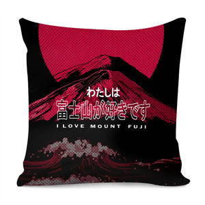 Mount Fuji And Fonts And Waves And Sun Pillow Cover