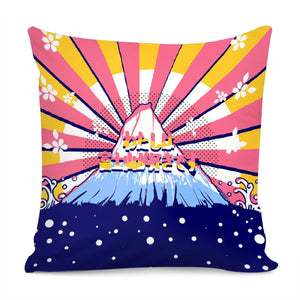 Mount Fuji And Fonts And Light And Sun And Waves And Cherry Blossoms And Polka Dots Pillow Cover