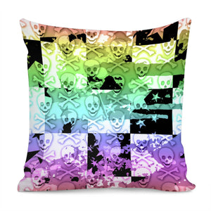 Rainbow Checker Skull Splatter Pillow Cover