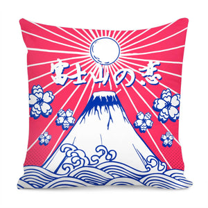 Mount Fuji And Cherry Blossoms And Waves And Sun And Light Pillow Cover