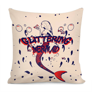 Mermaid And Fish And Bubbles And Water Waves And Polka Dots And Fonts Pillow Cover