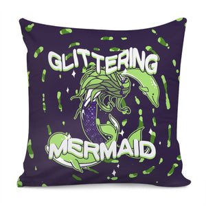 Mermaid And Water Waves And Dolphins And Whales And Stars And Fonts Pillow Cover