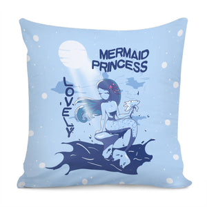 Mermaid And Waves And Moon And Moonlight And Clouds And Polka Dots And Fonts Pillow Cover