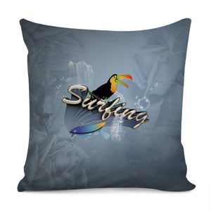 Surfing, Funny Coourtan With Surfboard Pillow Cover