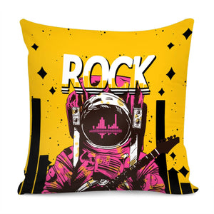 Astronaut And Starry Sky And Guitar And Sound Waves And Fonts Pillow Cover
