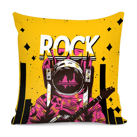 Image of Astronaut And Starry Sky And Guitar And Sound Waves And Fonts Pillow Cover