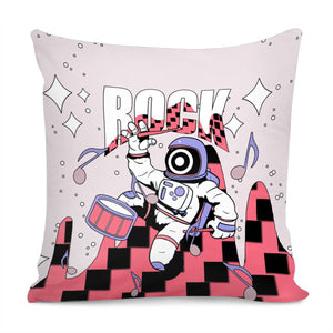 Astronaut And Starry Sky And Musical Instruments And Drums And Notes And Sound Waves And Fonts Pillow Cover