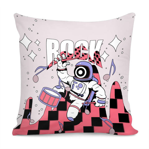 Image of Astronaut And Starry Sky And Musical Instruments And Drums And Notes And Sound Waves And Fonts Pillow Cover