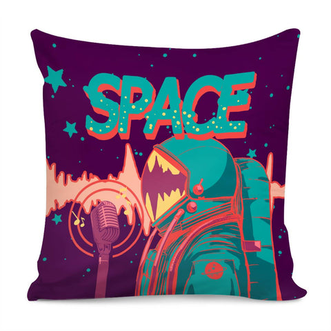 Image of Astronaut And Starry Sky And Musical Instruments And Musical Notes And Sound Waves And Fonts Pillow Cover