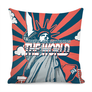 Statue Of Liberty And Light And Clouds And Tall Buildings And Stripes And Fonts Pillow Cover