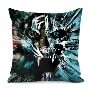 Tiger And Skull And Fragments And Ripples Pillow Cover