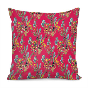 Irises On A Red Background Pillow Cover