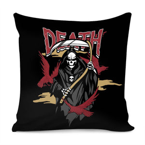 Grim Reaper And Scythe And Fonts And Crows And Smog Pillow Cover