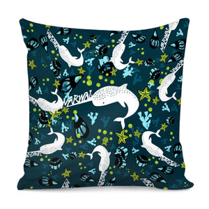 Narwhal And Fonts And Bubbles And Ocean And Starfish And Seaweed Pillow Cover