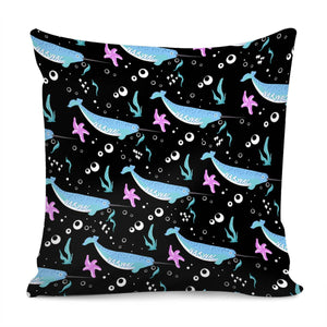 Narwhal And Font And Bubbles And Starfish And Seaweed Pillow Cover