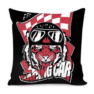 Tiger And Racing Caps And Animals And Fonts And Flags And Footprints And Lightning Pillow Cover