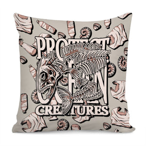 Fish Bones And Plastic Trash And Fonts And Conch And Sea Shells Pillow Cover