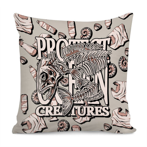 Image of Fish Bones And Plastic Trash And Fonts And Conch And Sea Shells Pillow Cover