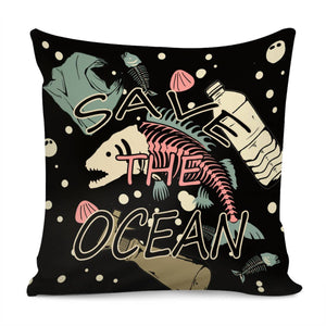 Fish Bones And Plastic Trash And Fonts And Sea Shells Pillow Cover