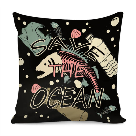 Image of Fish Bones And Plastic Trash And Fonts And Sea Shells Pillow Cover