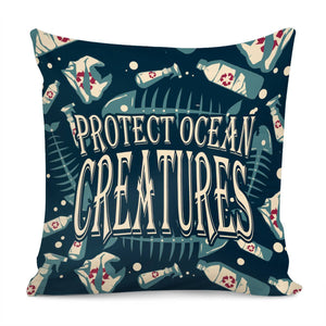 Fish Bones And Plastic Trash And Fonts And Bubbles Pillow Cover