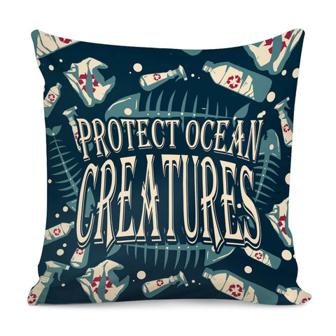 Image of Fish Bones And Plastic Trash And Fonts And Bubbles Pillow Cover