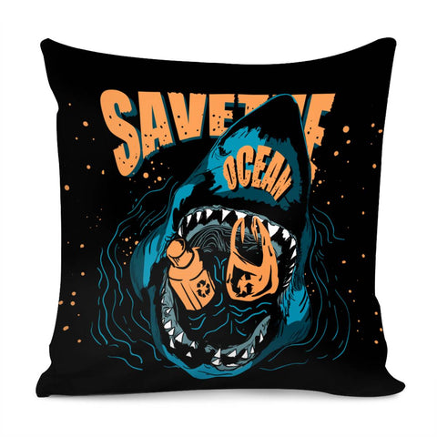 Image of Shark And Plastic Trash And Fonts And Bubbles Pillow Cover