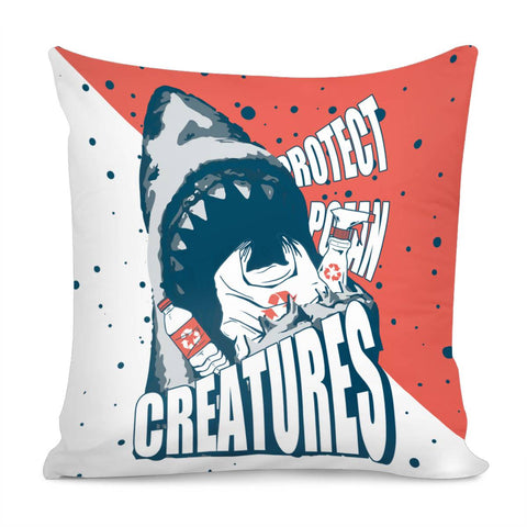 Image of Shark And Plastic Trash And Fonts And Bubbles Pillow Cover