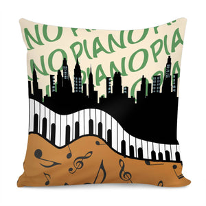 Piano And City With Fonts And Musical Notes Pillow Cover