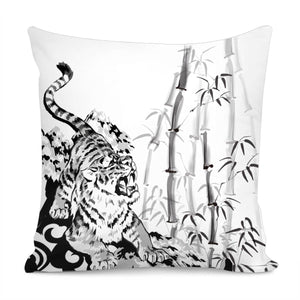 Chinese Tiger And Ink And Geometry And Bamboo Pillow Cover
