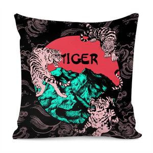 Chinese Tiger And Mountain Range And Pattern And Sun Pillow Cover