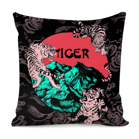 Image of Chinese Tiger And Mountain Range And Pattern And Sun Pillow Cover